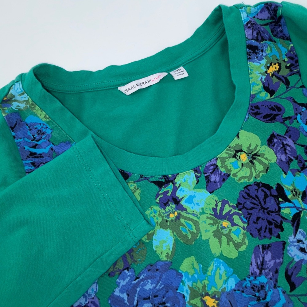 Isaac Mizrahi Live Womens XXS Green Floral Print 3/4 Sleeve Scoop Neck Top